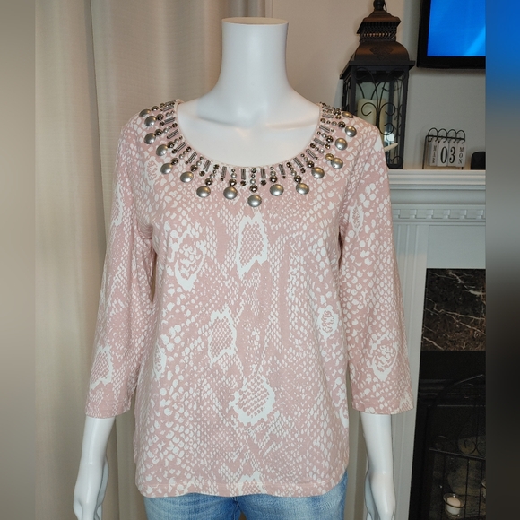 Ruby Rd. Tops - Ruby Rd. Womens Pink/White Knit Snake Print Embellished Top S